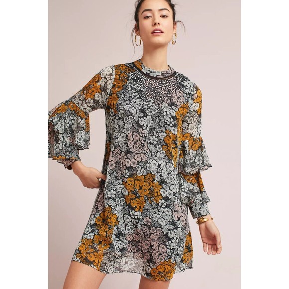 Anthropologie Dresses & Skirts - Anthropologie Ranna Gill Fluttered Tunic Dress Floral Long Sleeve Mini Yellow S